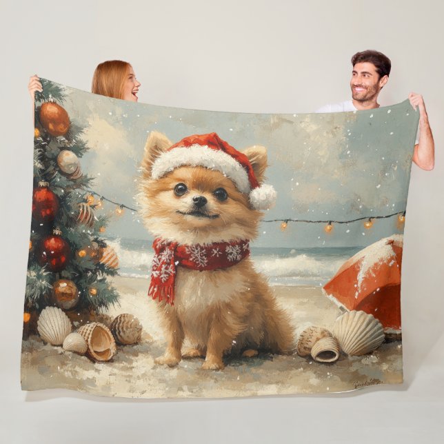 Couverture Polaire Chien Poméranie Noël Plage Vintage (En situation)