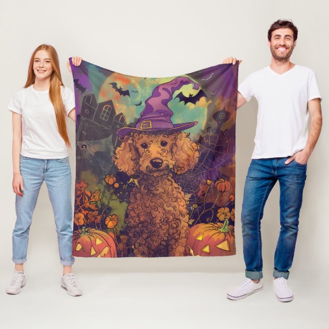 Couverture Polaire Chien Poodle Effrayant Sorcière d'Halloween et Cit (En situation)