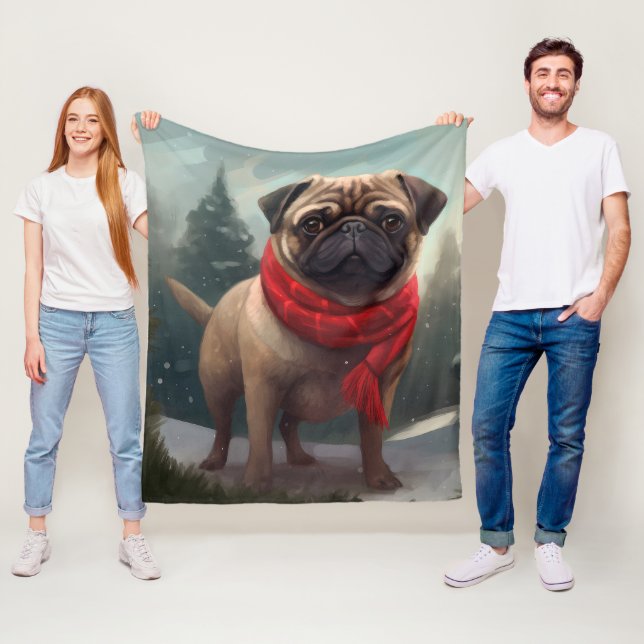 Couverture Polaire Chien Pug dans la neige Noël (En situation)