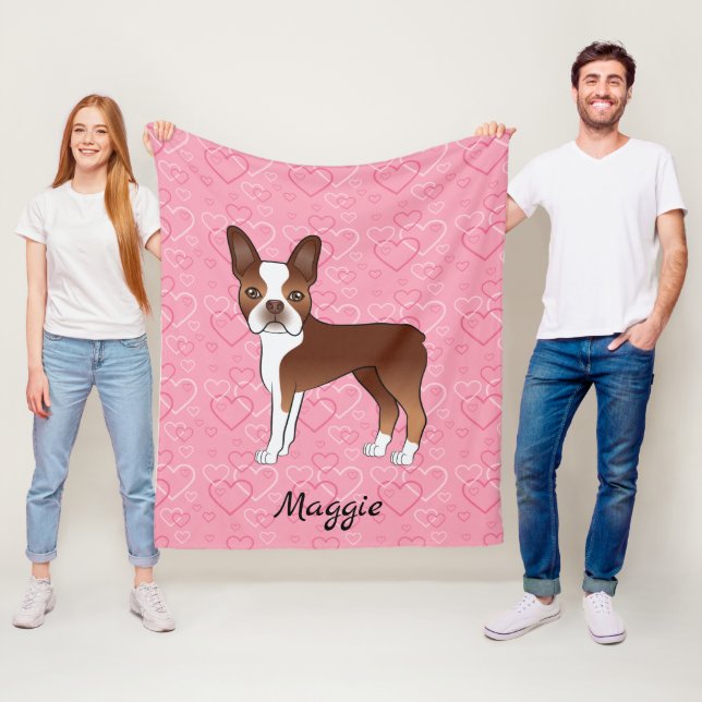 Couverture Polaire Chien Red Boston Terrier Sur Coeurs Rose Et Nom (En situation)