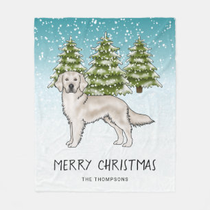 Couverture Polaire Chien Retriever doré crème Noël enneigé bleu