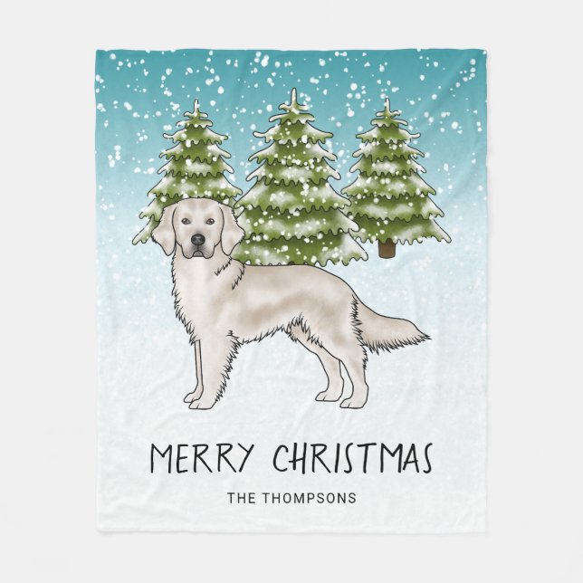 Couverture Polaire Chien Retriever doré crème Noël enneigé bleu (Devant)