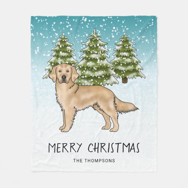 Couverture Polaire Chien Retriever doré jaune Noël enneigé bleu (Devant)