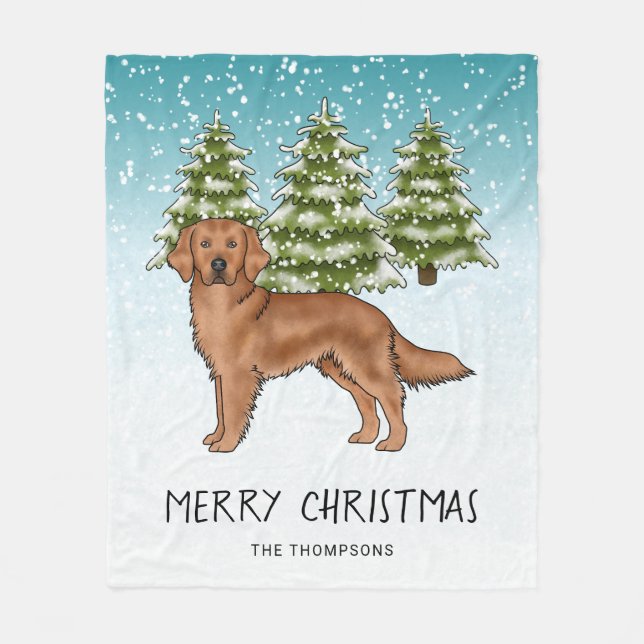 Couverture Polaire Chien Retriever doré rouge Noël enneigé bleu (Devant)