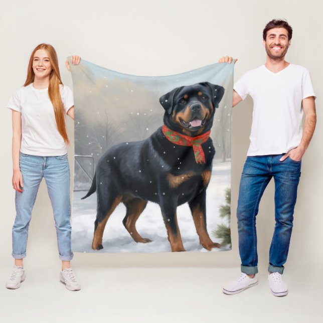 Couverture Polaire Chien Rottweiler dans la neige de Noël (En situation)