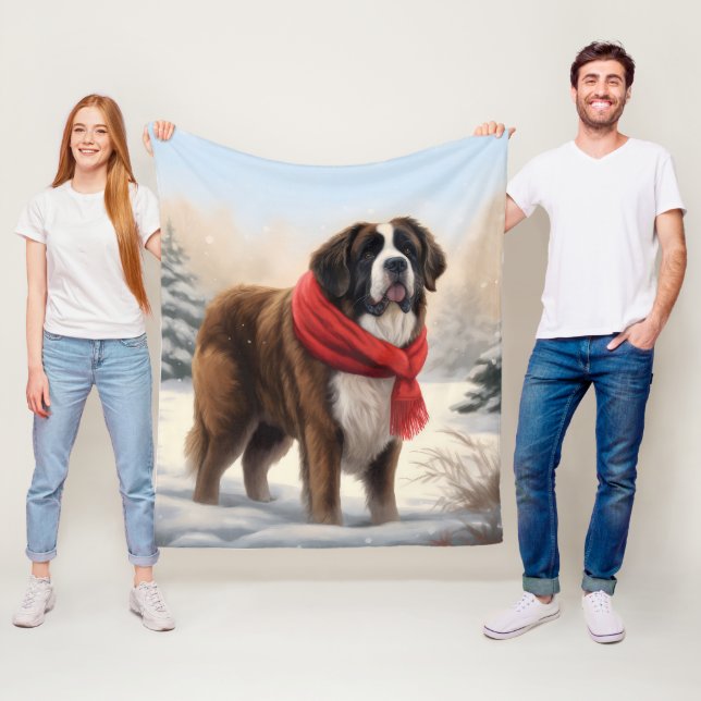 Couverture Polaire Chien Saint-Bernard dans la neige de Noël (En situation)