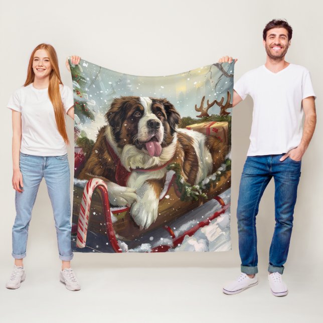 Couverture Polaire Chien Saint-Bernard Noël Festif  (En situation)