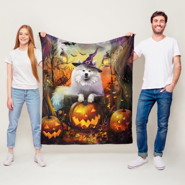 Couverture Polaire Chien Samoyède Effrayant Halloween Sorcière Et Cit (En situation)