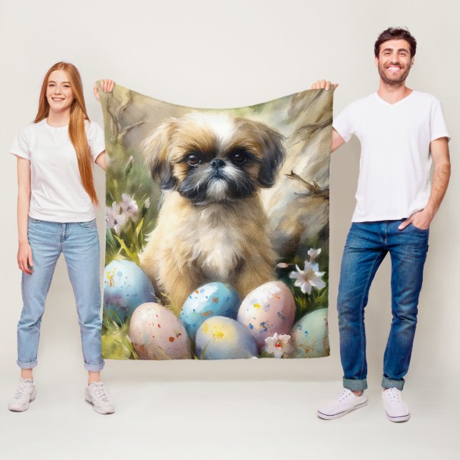Couverture Polaire Chien Shih Tzu avec Oeufs de Pâques Fête (En situation)