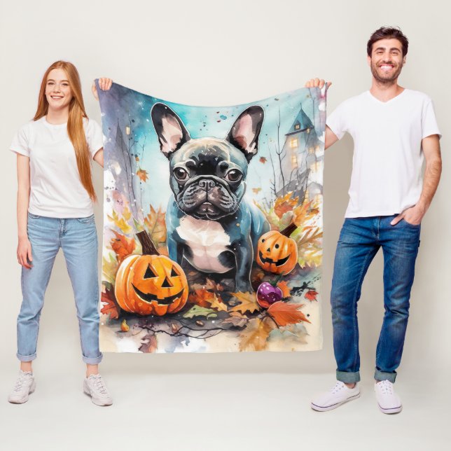 Couverture Polaire Chien-taureau français d'Halloween avec la peur Ci (En situation)