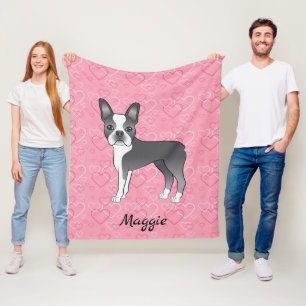 Couverture Polaire Chien Terrier de Boston bleu sur coeurs roses et n