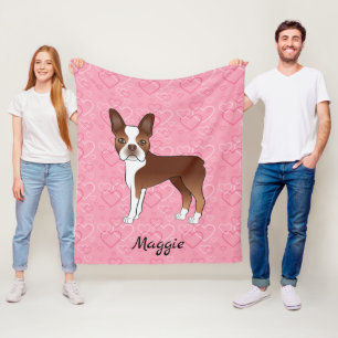 Couverture Polaire Chien Terrier de Boston Rouge sur des cœurs roses
