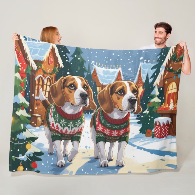 Couverture Polaire Chiens Beagle Noël Neige Fêtes (En situation)