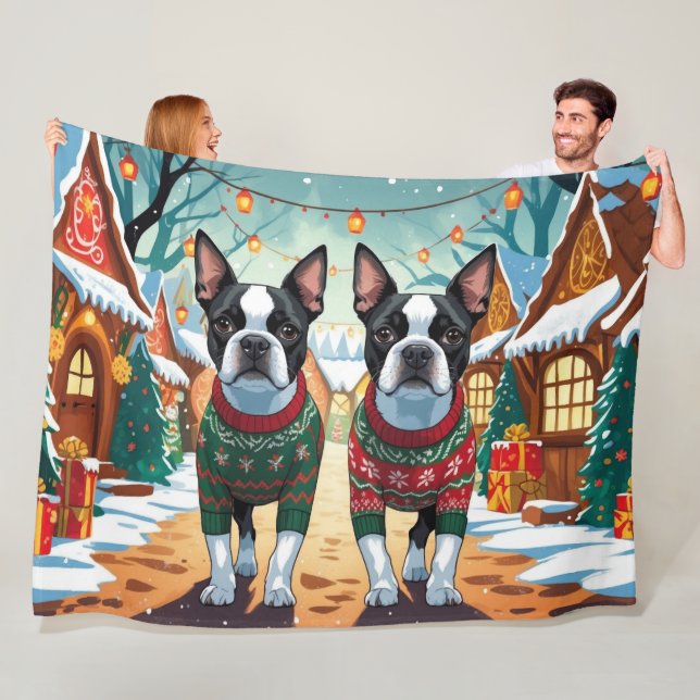 Couverture Polaire Chiens Boston Terrier Noël Neige Fêtes (En situation)