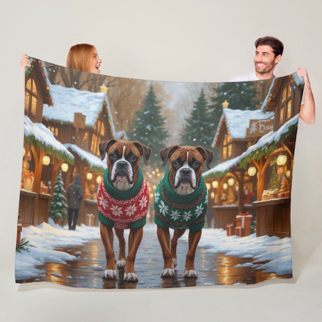 Couverture Polaire Chiens Boxer Noël Neige Fêtes  (En situation)