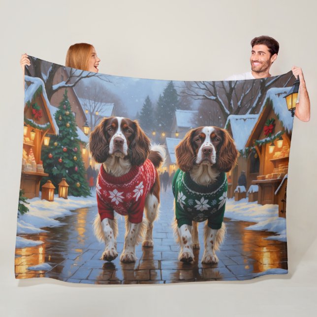 Couverture Polaire Chiens Brittany Spaniel Noël Neige Fêtes (En situation)