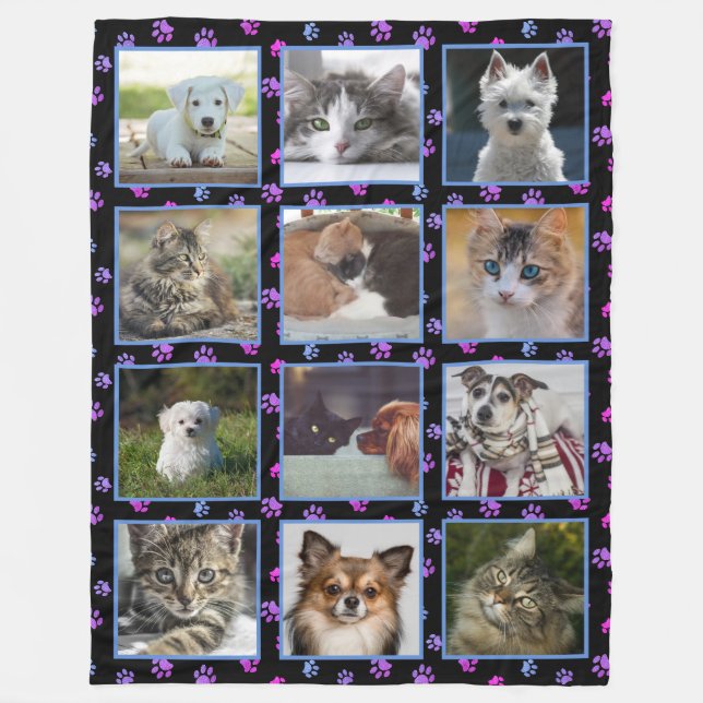 Couverture Polaire Chiens Chats Bleu Violet Rose Empreintes de Patte  (Devant)