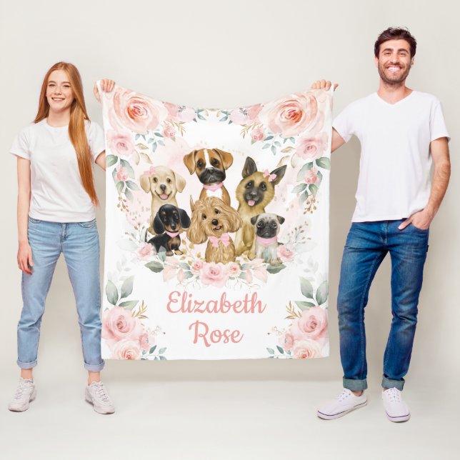 Couverture Polaire Chiens de chiot rose Or Floral Girl Nursery (En situation)