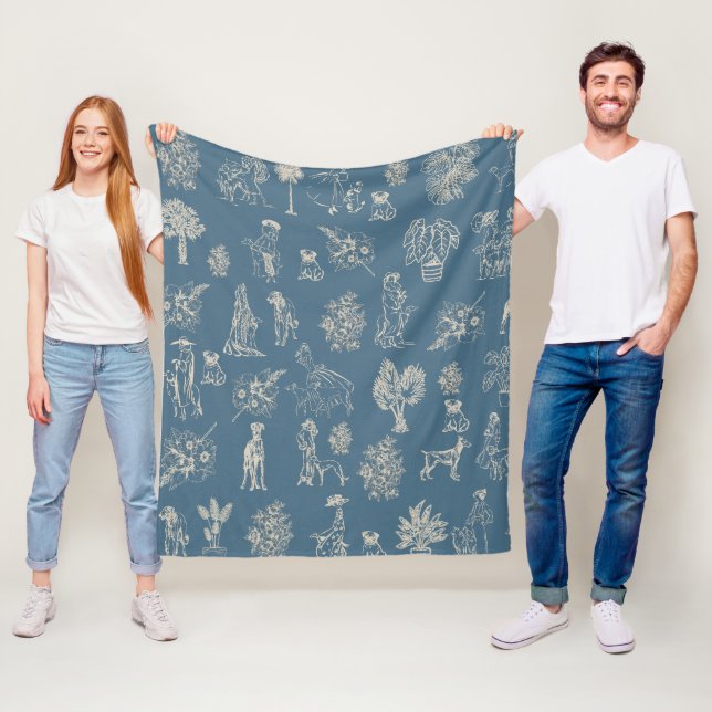 Couverture Polaire Chiens Lady Toile de Jouy Dark Turquoise (En situation)