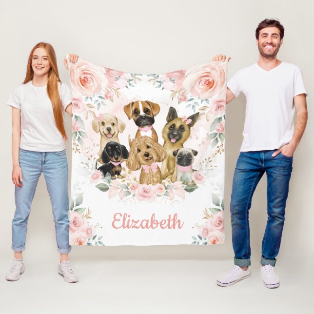 Couverture Polaire Chiens mignons Chiens Blush Rose Floral Chiots Bab (En situation)