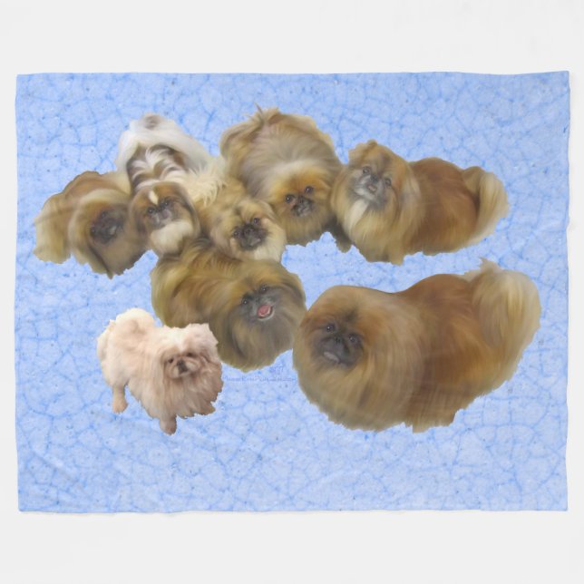 Couverture Polaire Chiens Pékinois sur Fond Bleu (Devant (Horizontal))