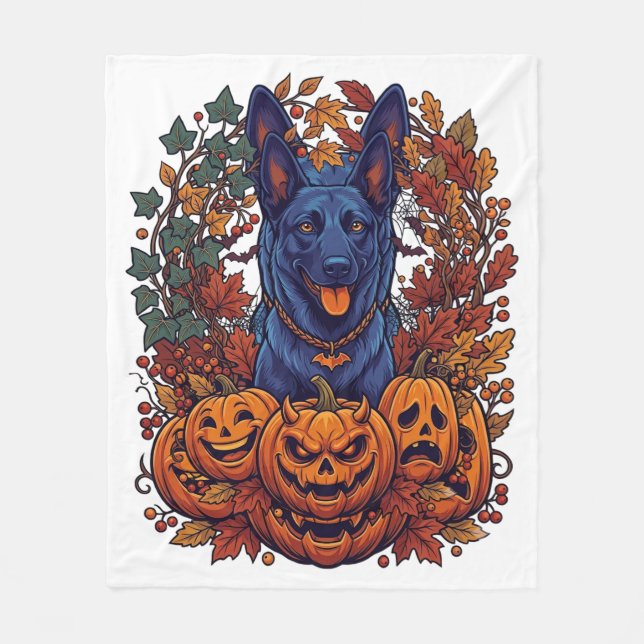 Couverture Polaire Chiens Pitbull Bleus Citrouilles Halloween Feuille (Devant)