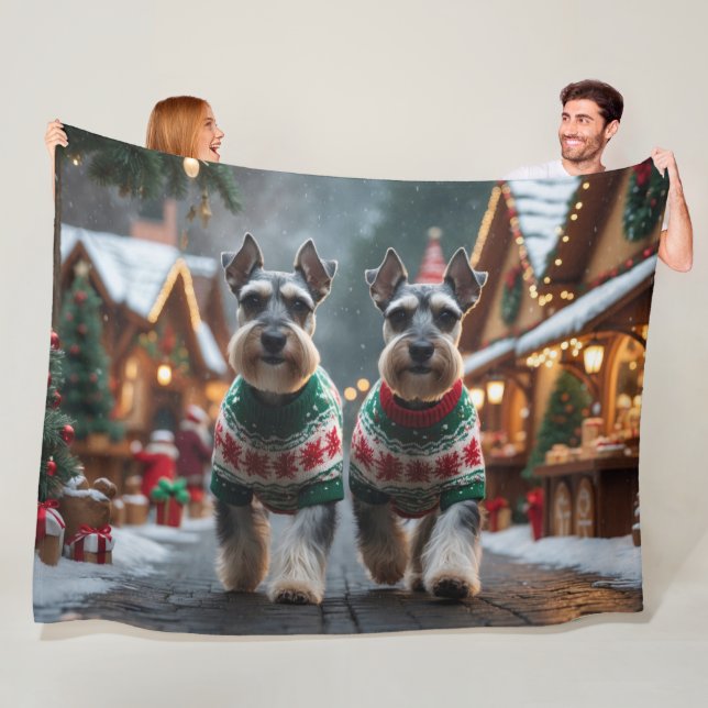 Couverture Polaire Chiens Schnauzer Noël Neige Fêtes  (En situation)