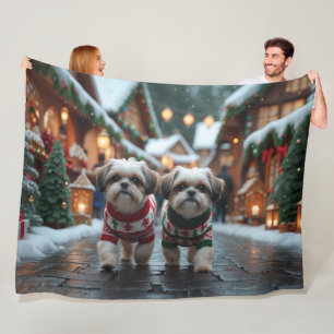 Couverture Polaire Chiens Shih Tzu Noël Neige Fêtes