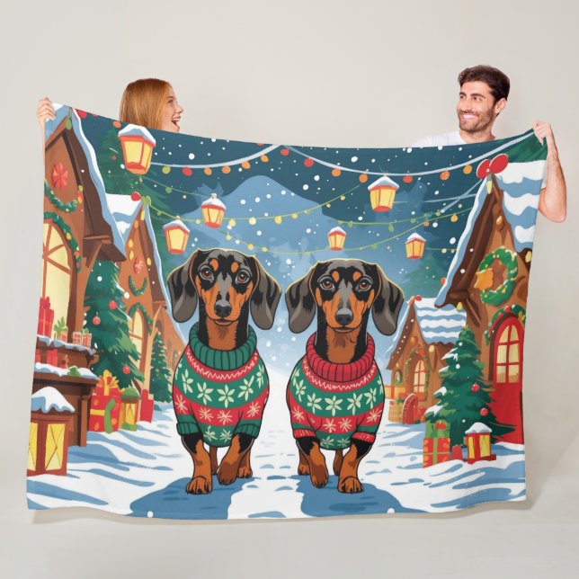 Couverture Polaire Chiens Teckel Noël Neige Fêtes (En situation)