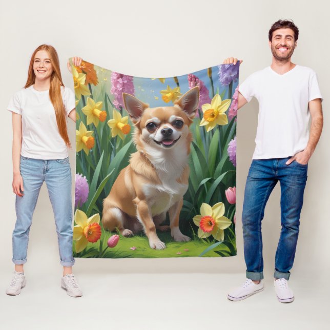 Couverture Polaire Chihuahua Fleurs de printemps Chien Peinture (En situation)