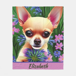 Couverture Polaire Chihuahua Puppy dans la prairie de fleurs Personna