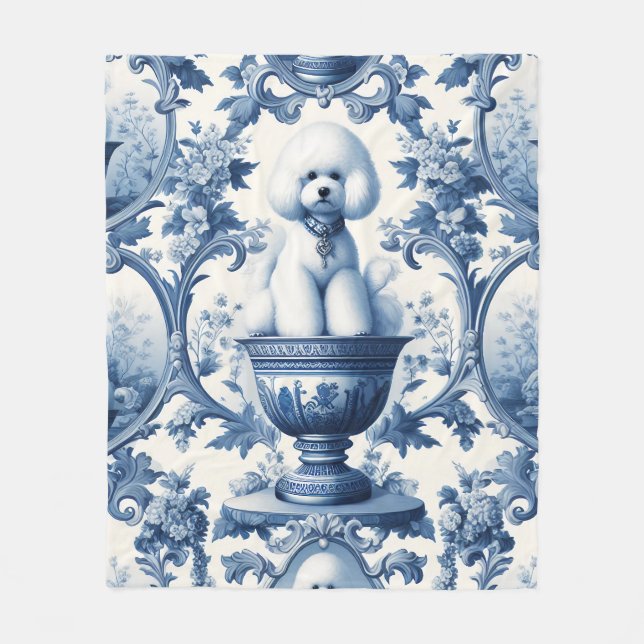 Couverture Polaire Chinoiserie Bleu Blanc Bichon Frise Blanche polair (Devant)