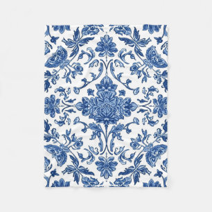 Couverture Polaire Chinoiserie florale bleue sur fond blanc aquarelle