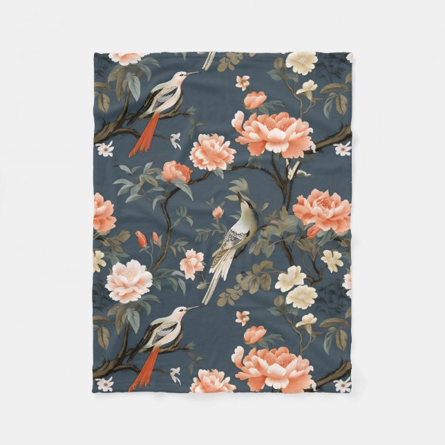 Couverture Polaire Chinoiserie florale sur Denim Blue (Devant)