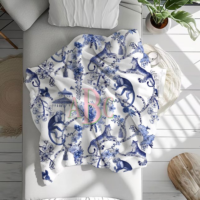 Couverture Polaire Chinoiserie Jungle Toile | Monogramme bleu et blan (Créateur téléchargé)