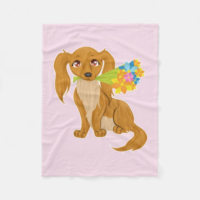 Couverture Polaire Chiot avec bouquet de fleurs (Devant)