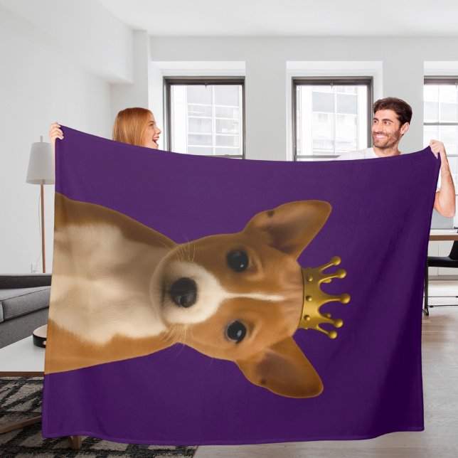 Couverture Polaire Chiot Basenji en Couronne Or (Basenji Puppy in Gold Crown Cute Fleece Blanket by Ricaso. A brown and white puppy on purple )