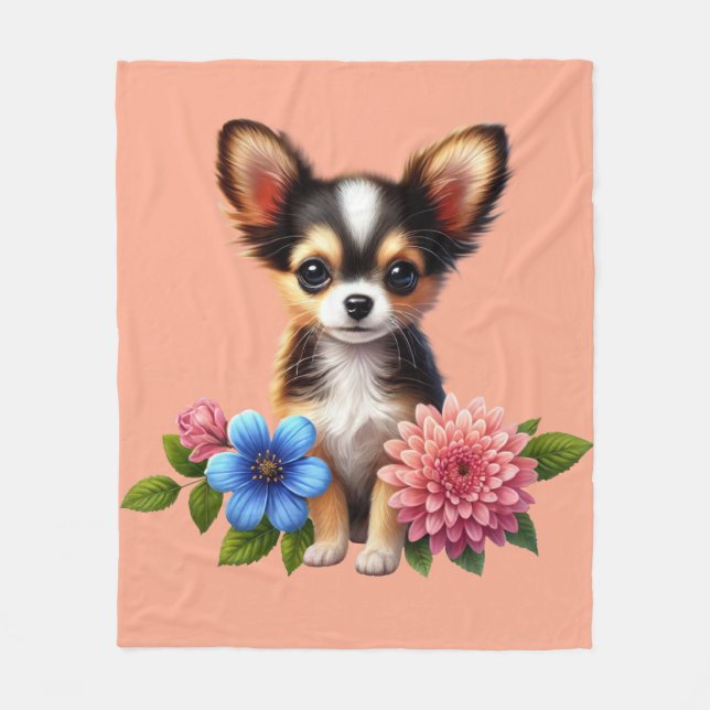Couverture Polaire Chiot Chihuahua avec Fleurs Décoratives (Devant)