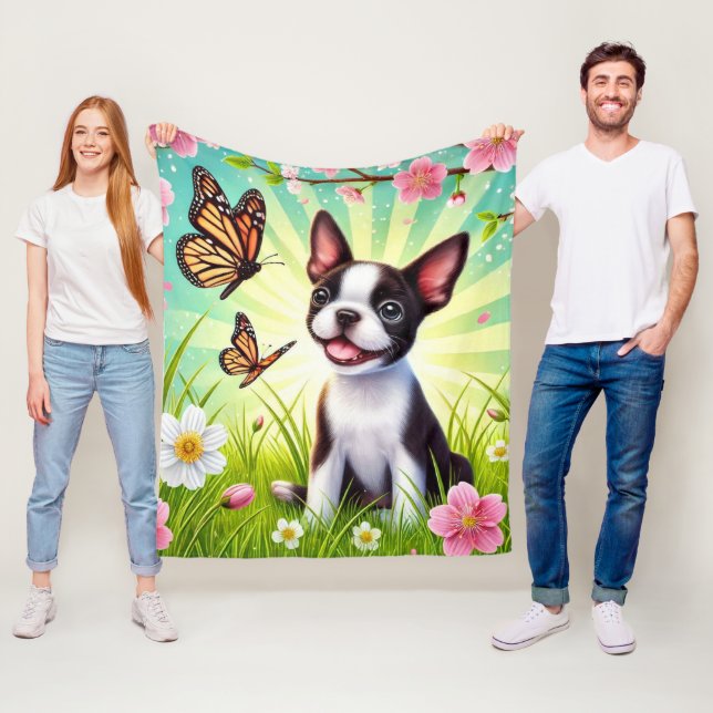 Couverture Polaire Chiot mignon avec fleurs et papillons (En situation)