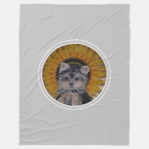 Couverture Polaire Chiot Yorkshire Terrier & tournesol sur gris clair