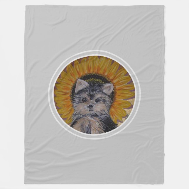Couverture Polaire Chiot Yorkshire Terrier & Tournesol sur Gris Clair (Devant)