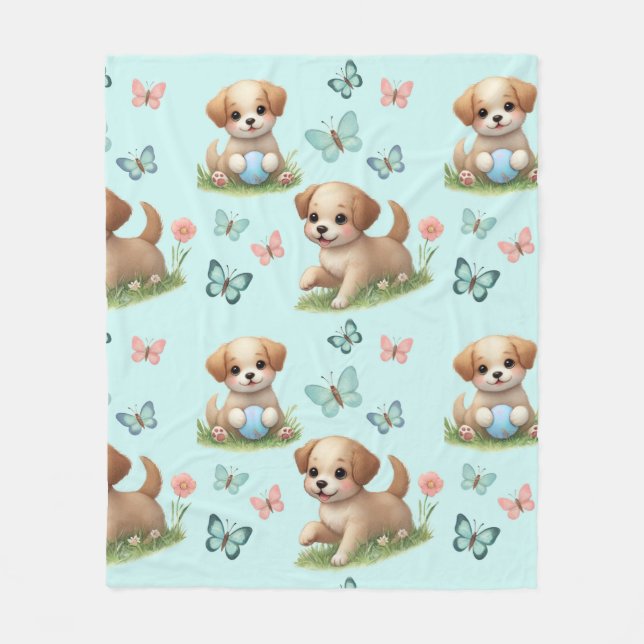 Couverture Polaire Chiots et Papillons sur Fond Bleu (Devant)