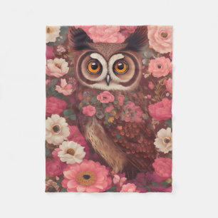 Couverture Polaire Chouette avec de grands yeux devant les fleurs #3