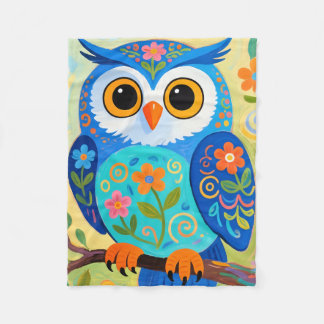 Couverture Polaire Chouette bleue fantaisiste et art folklorique flor