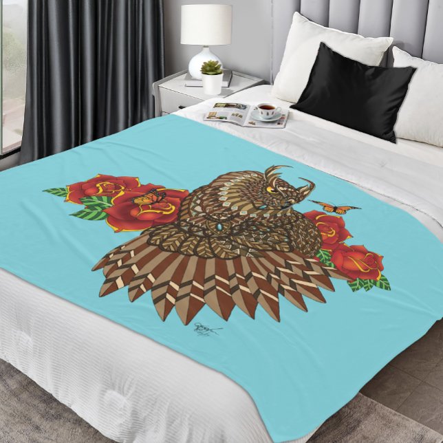 Couverture Polaire Chouette des Roses rouges bleu (Créateur téléchargé)