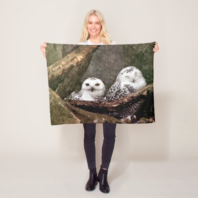 Couverture Polaire Chouette Harfang Couple Art Bois Faune (En situation)