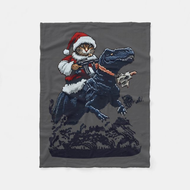 Couverture Polaire Christmas Cat In Santa Hat Holding A Gun And Dinos (Devant)