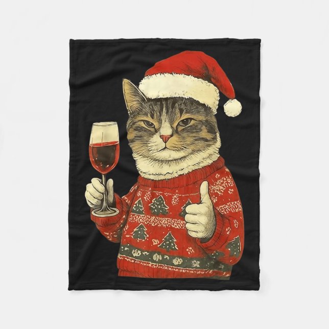 Couverture Polaire Christmas Cat Likes Cute Cat Drinking Wine With Sa (Devant)