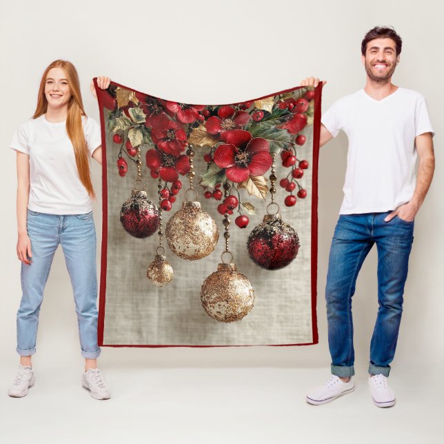 Couverture Polaire Christmas Elegant Ornaments Red Gold Red Flowers  (En situation)