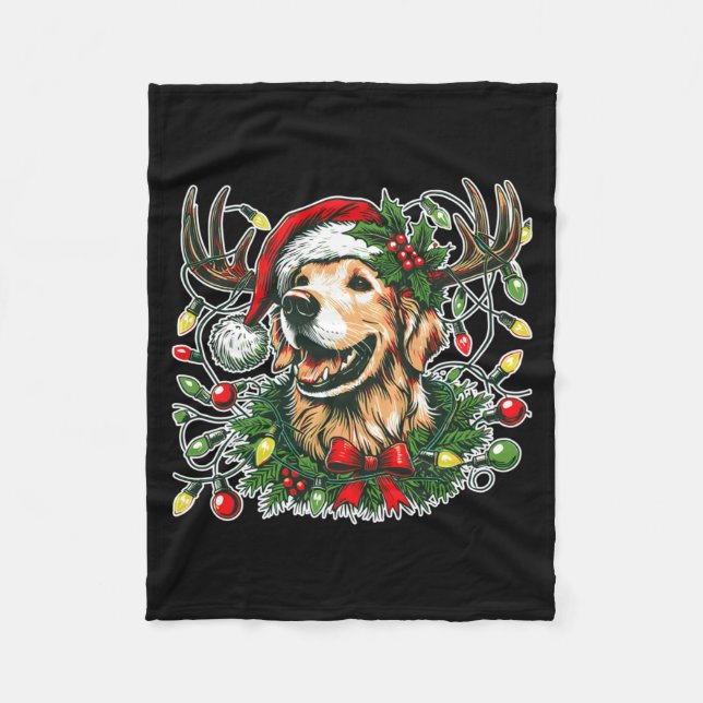 Couverture Polaire Christmas Golden Retriever Antlers Santa Hat Long  (Devant)